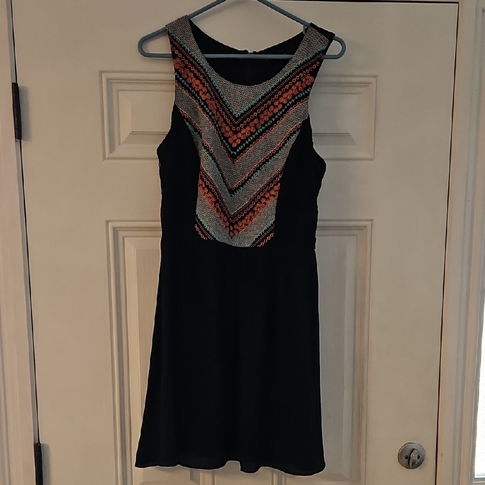 My Michelle Blue and Orange Embroidered Halter Mini Dress